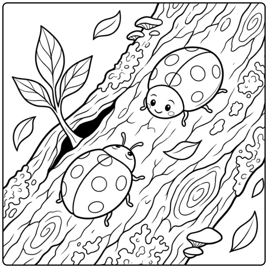 Ladybug coloring page on tree bark with leaves