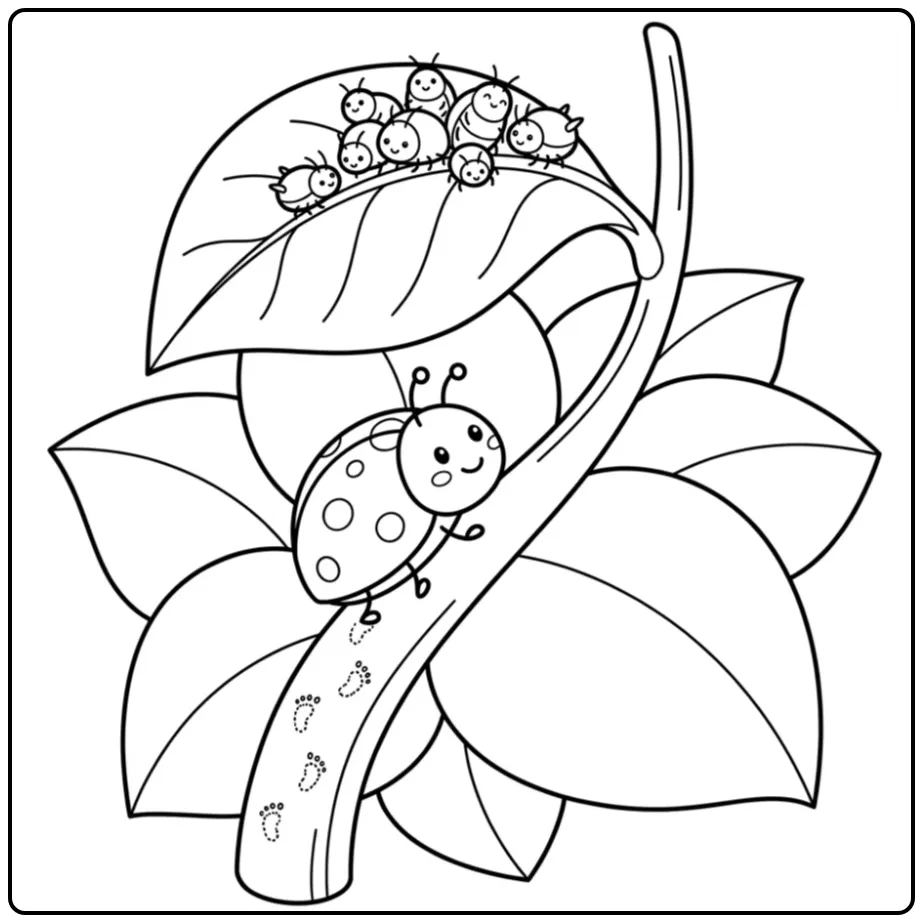 Cute ladybug coloring page climbing on a plant