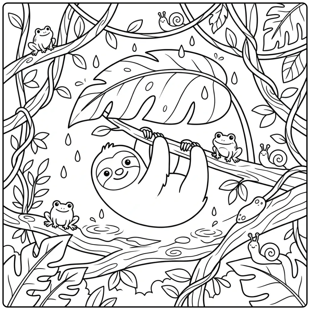 Cute sloth coloring page under a leaf in the rain