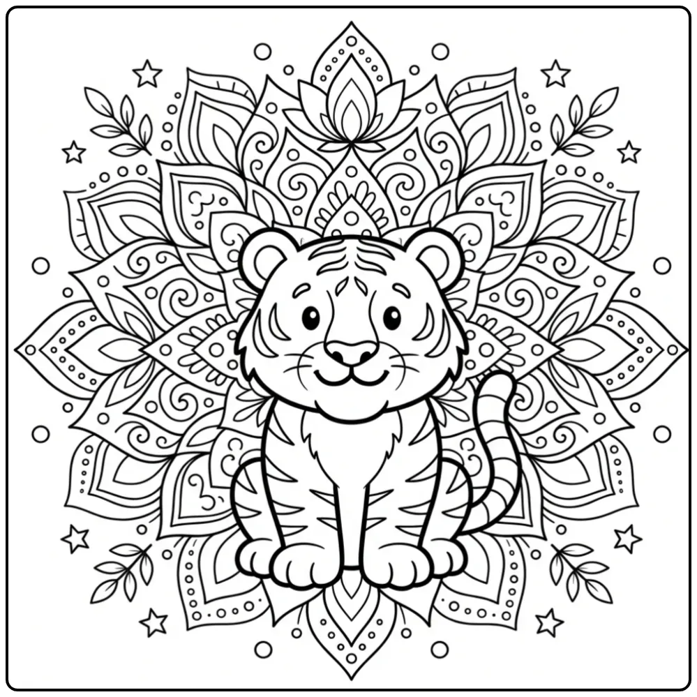 Mandala tiger coloring page with lotus flowers