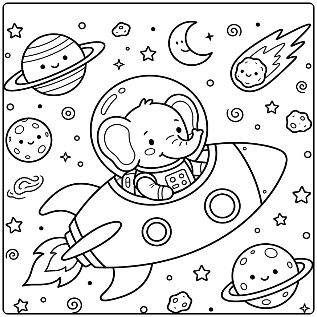 Elephant coloring page with an astronaut and rocket