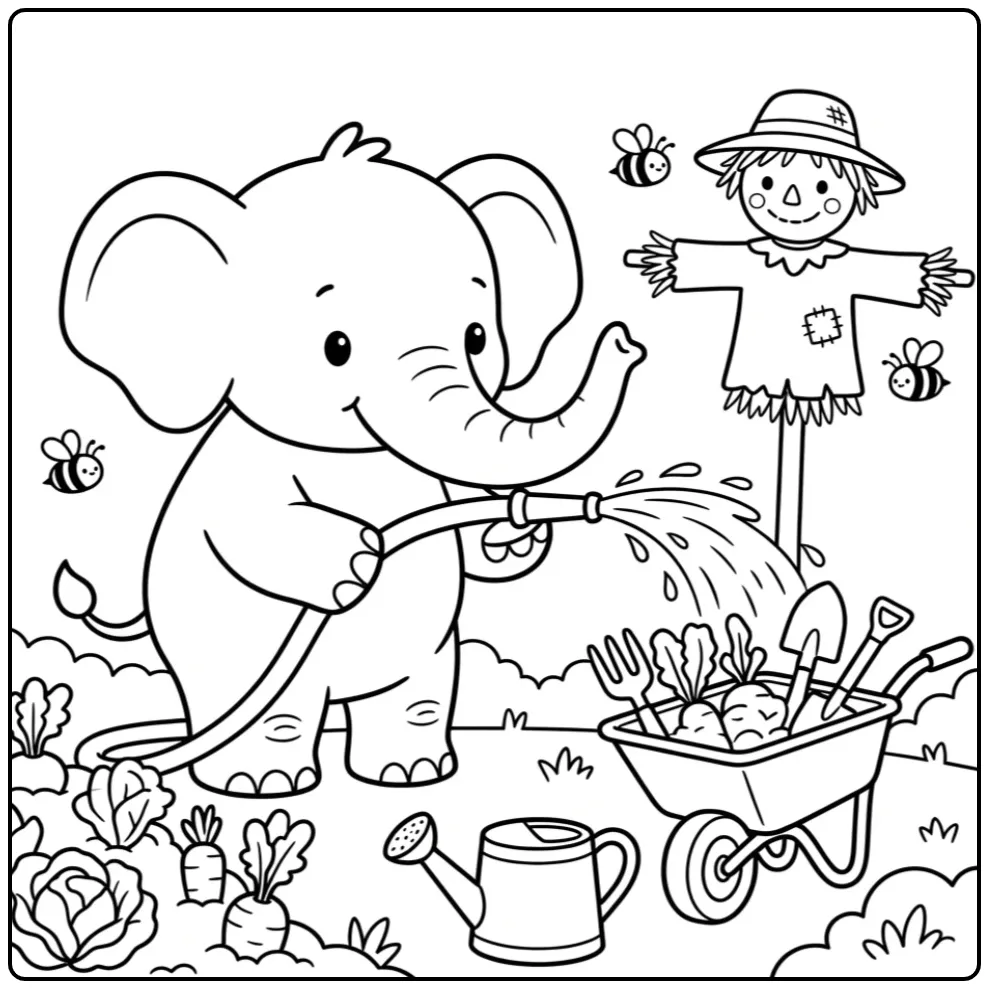 Elephant coloring page in a vegetable garden