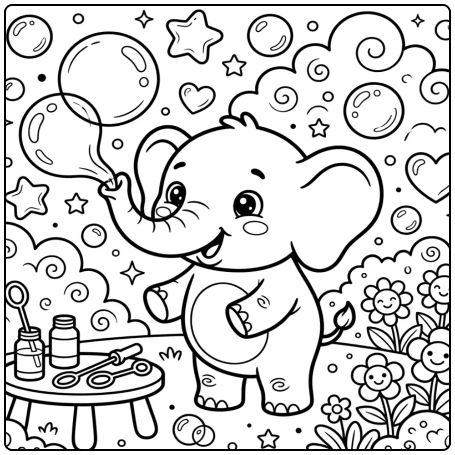 Elephant coloring page blowing big bubbles