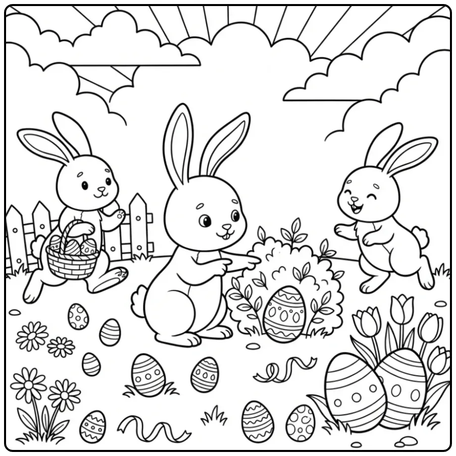 Easter Bunny with eggs coloring page in a tulip garden