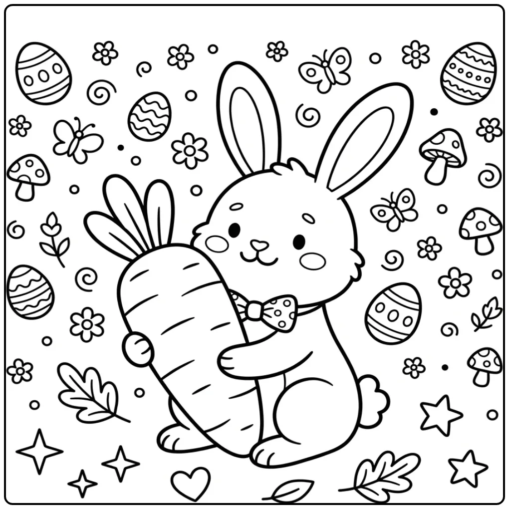 Toddler Easter Bunny coloring page with a big carrot