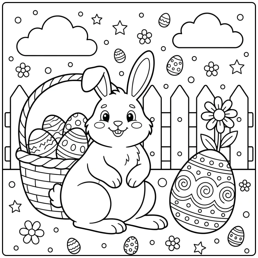 Toddler Easter Bunny coloring page with a basket and big egg