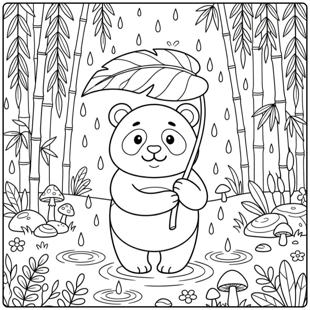 Panda coloring page under a leaf umbrella in the rain