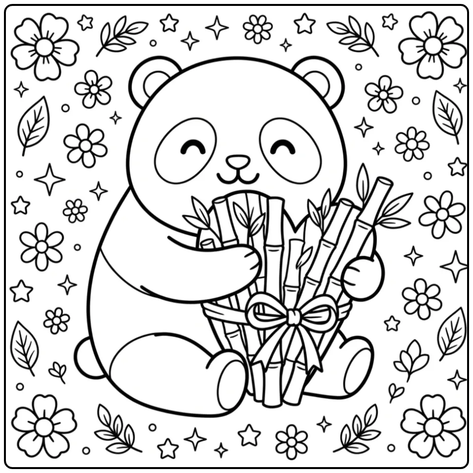 Panda with heart coloring page made from bamboo