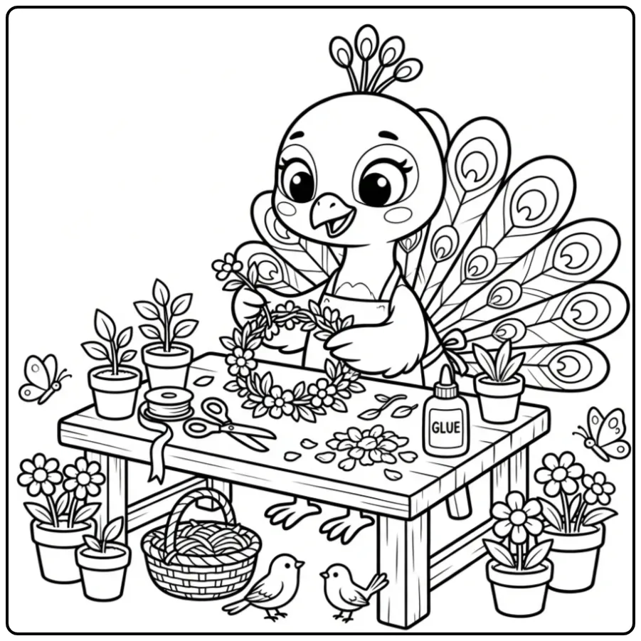 Peacock coloring page crafting with scissors and flowers