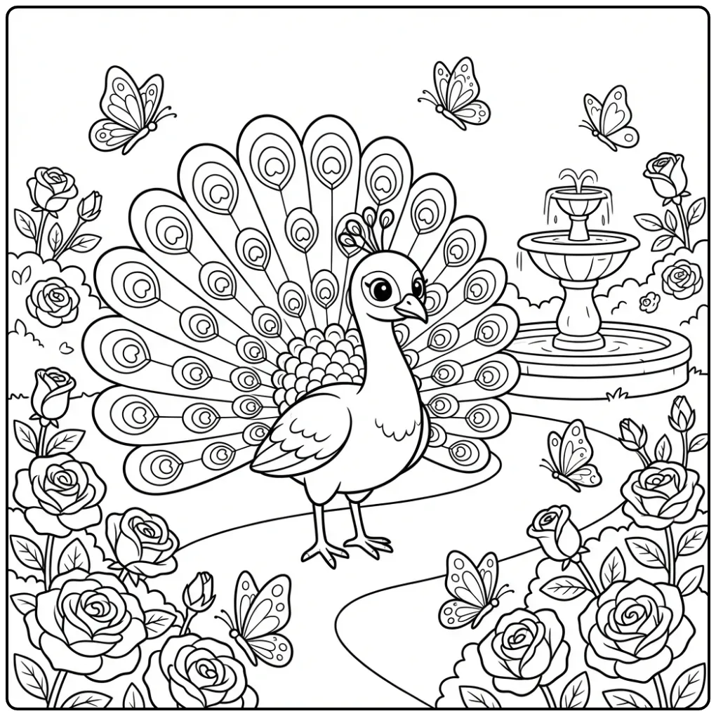 Peacock coloring page with an open tail and roses