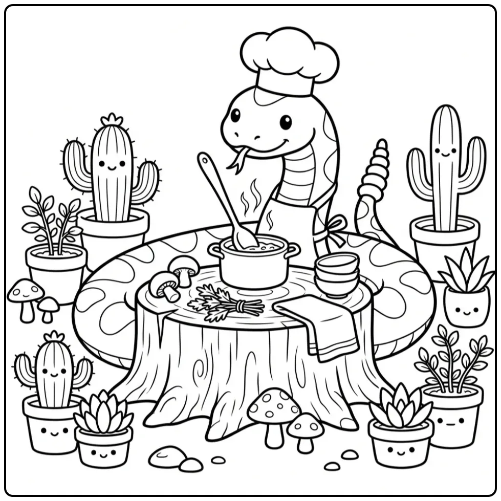 Rattlesnake coloring page chef cooking soup outside