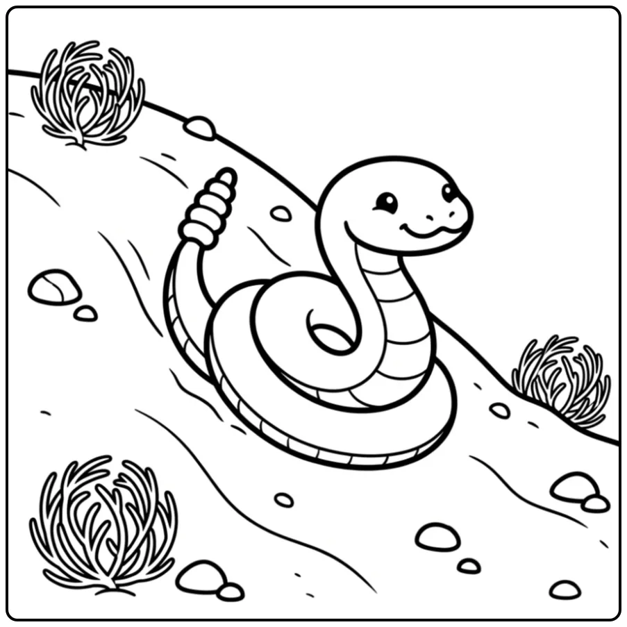 Rattlesnake coloring page showing a snake on a sandy desert hill