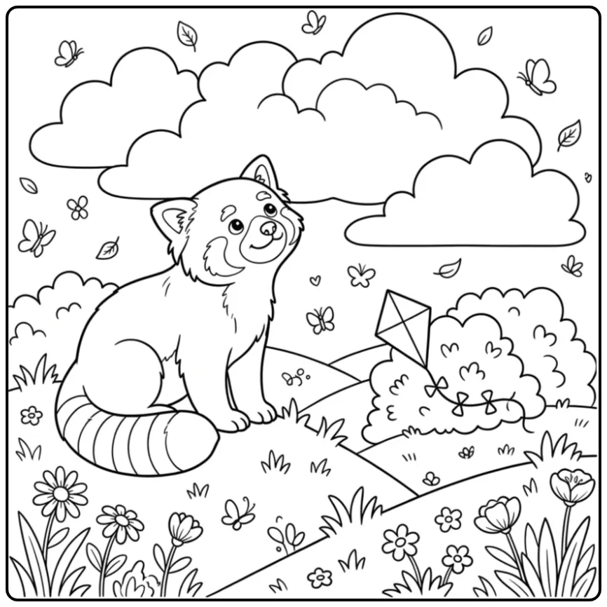 Red panda coloring page on a hill with clouds and flowers