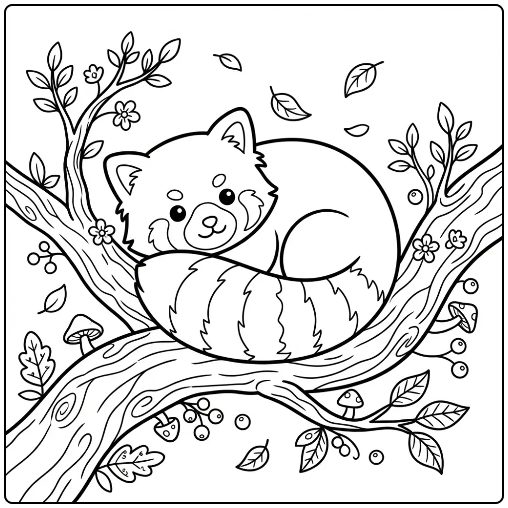 Red panda coloring page curled on a thick tree branch