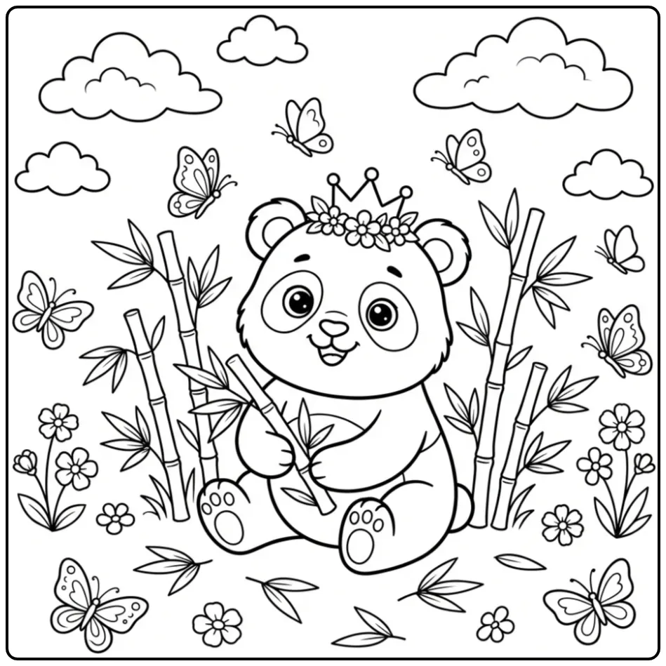 Cute baby panda coloring page with a flower crown and bamboo