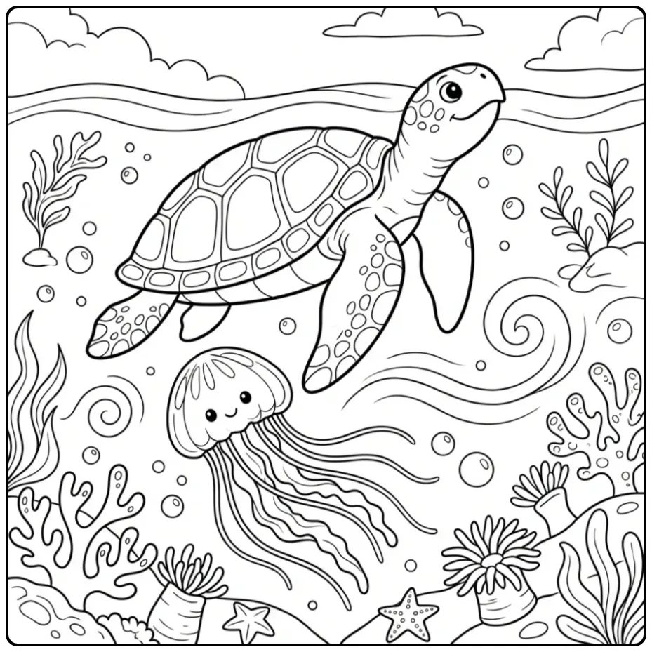 Turtle and jellyfish coloring page swimming through bubbles