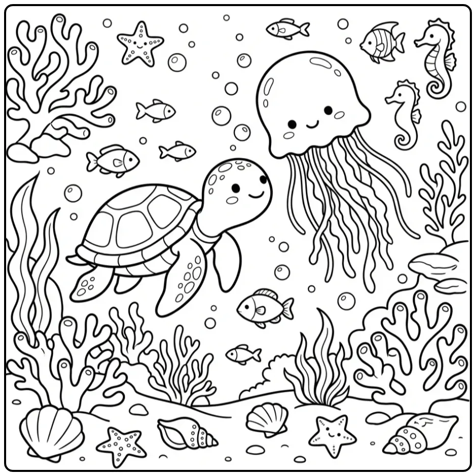 Turtle and jellyfish coloring page swimming underwater
