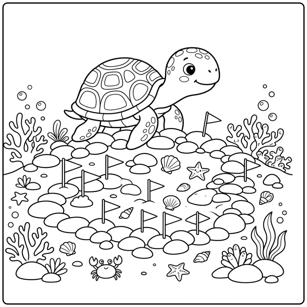 Turtle coloring page climbing over round stones