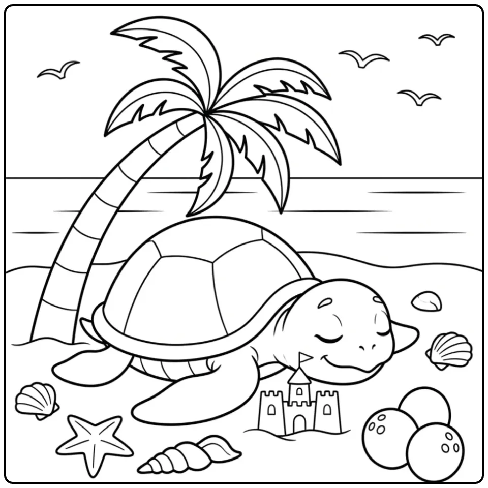 Turtle coloring page sleeping under a palm tree