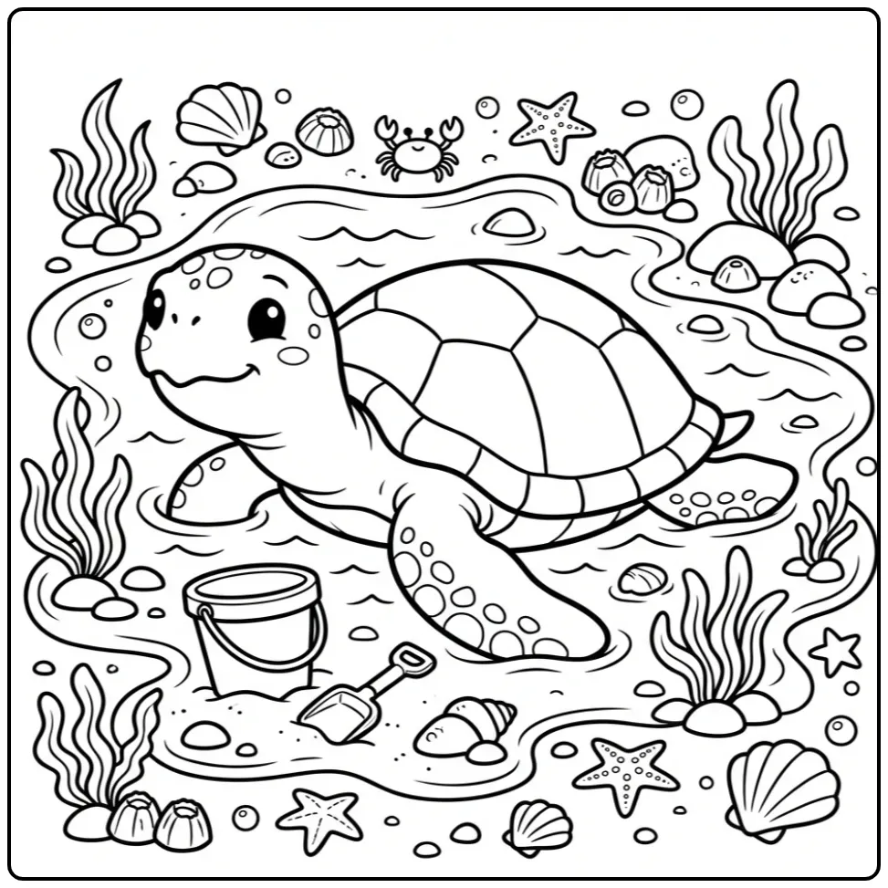 Turtle coloring page beside a bucket and shovel
