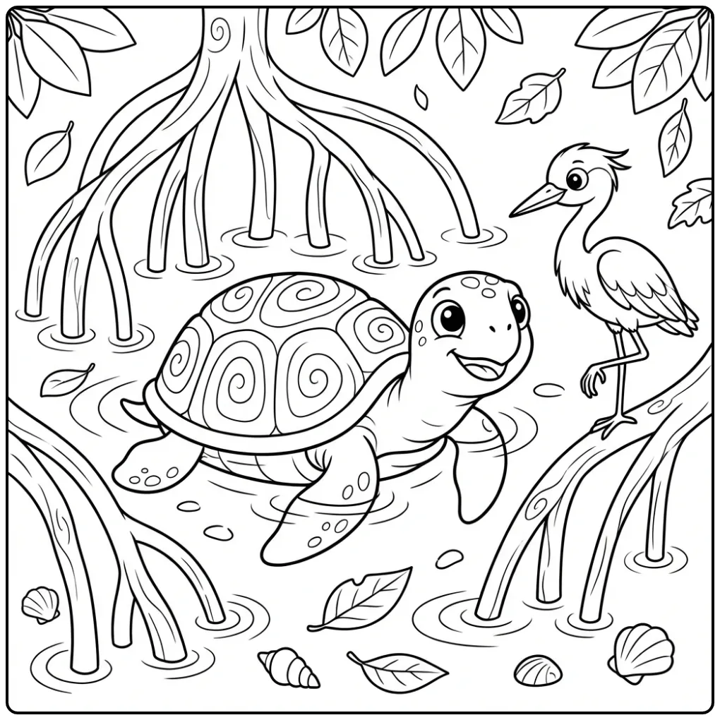 Turtle coloring page swimming through mangroves