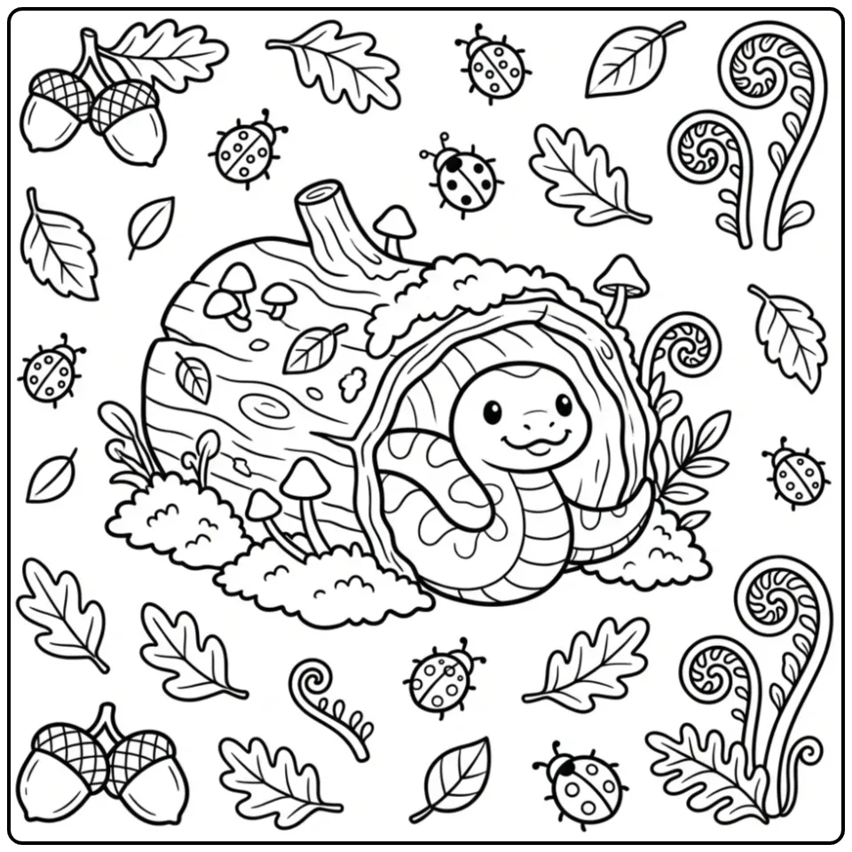 Snake coloring page showing a snake peeking from a hollow tree