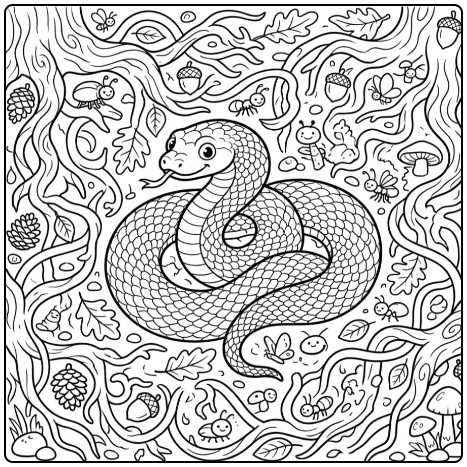 Advanced snake coloring page showing a detailed forest adder