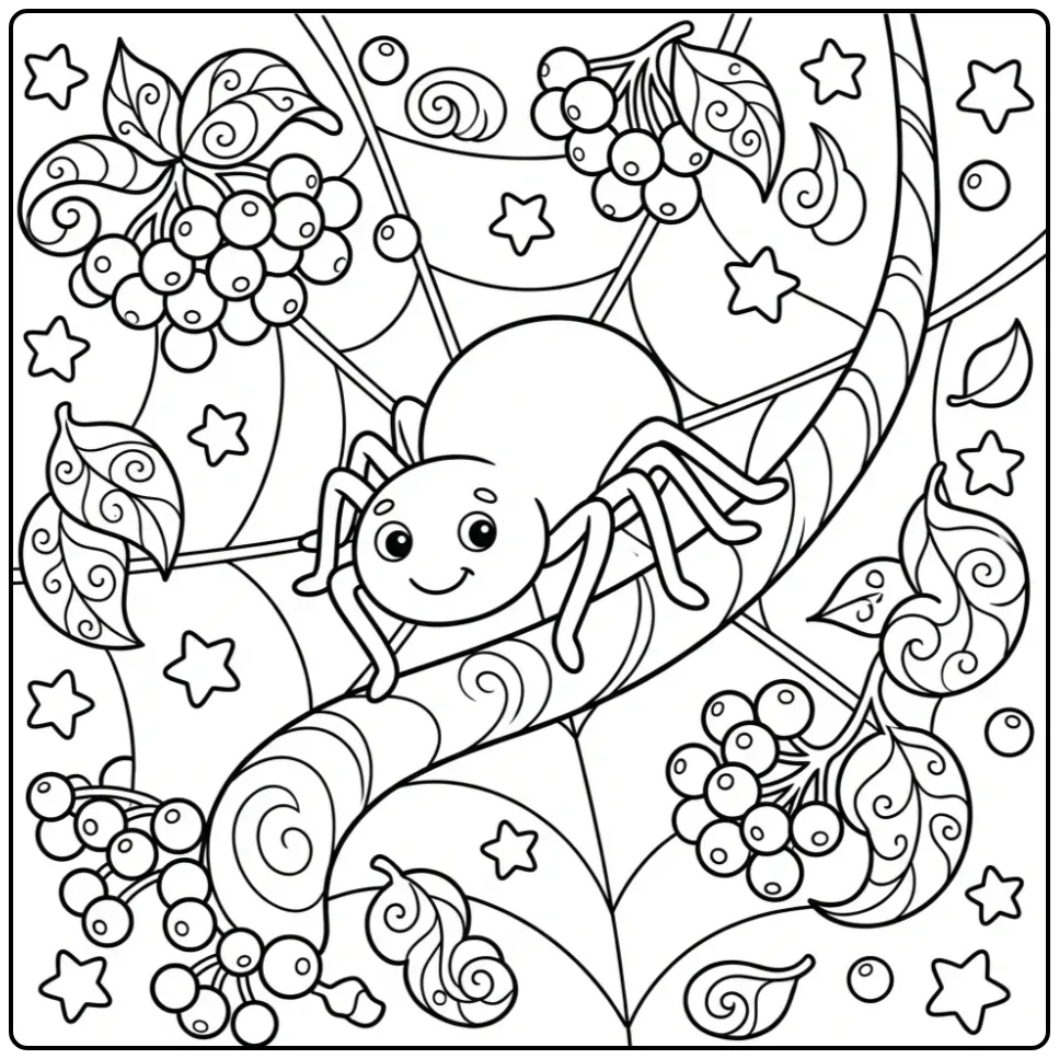 Spider web with spider coloring page with berries