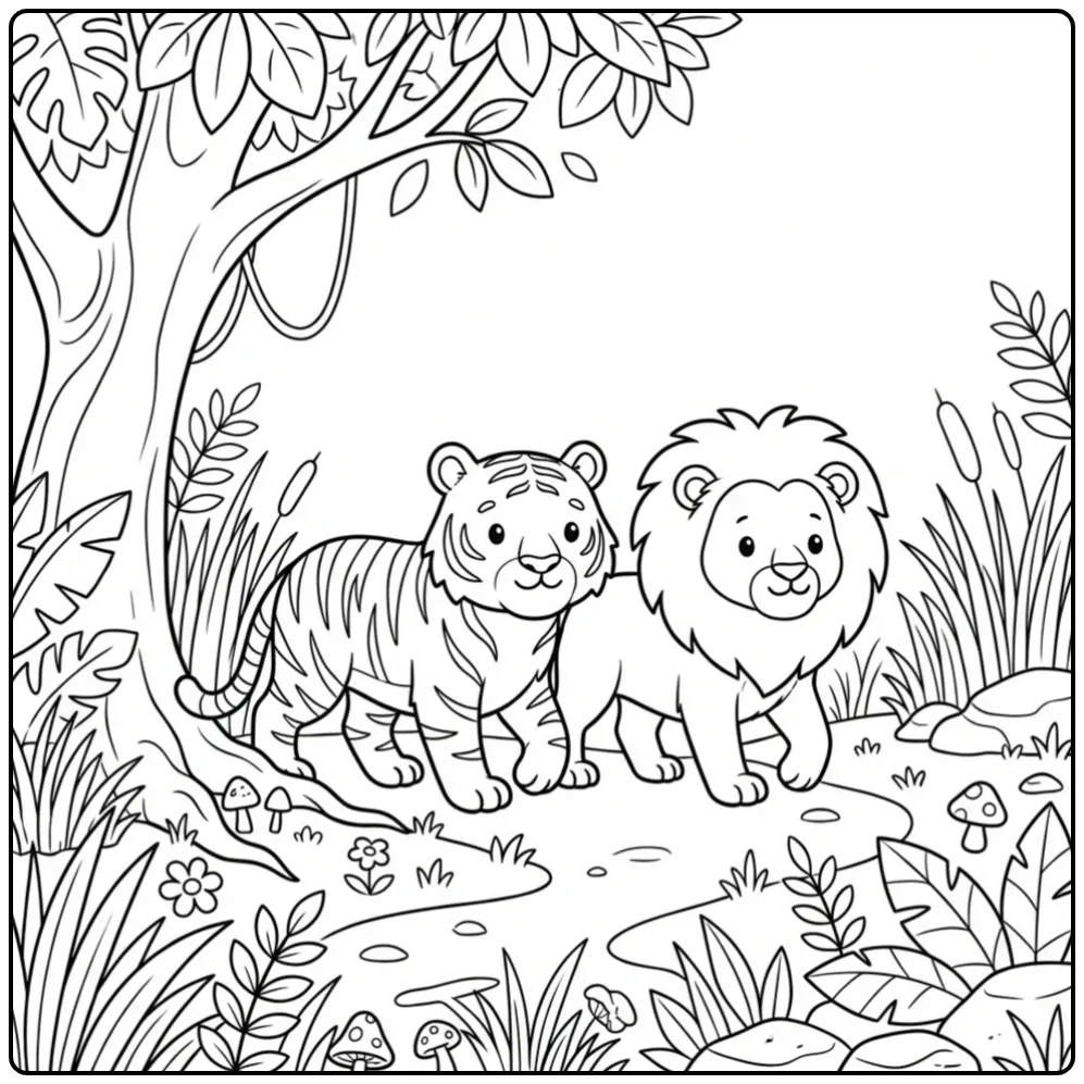 Tiger and lion coloring page on an adventure