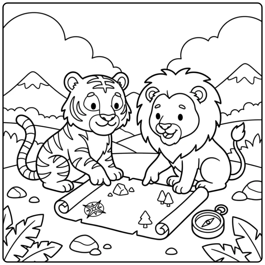 Tiger and lion coloring page with a compass and map