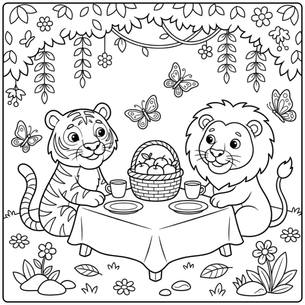 Tiger and lion coloring page having a picnic