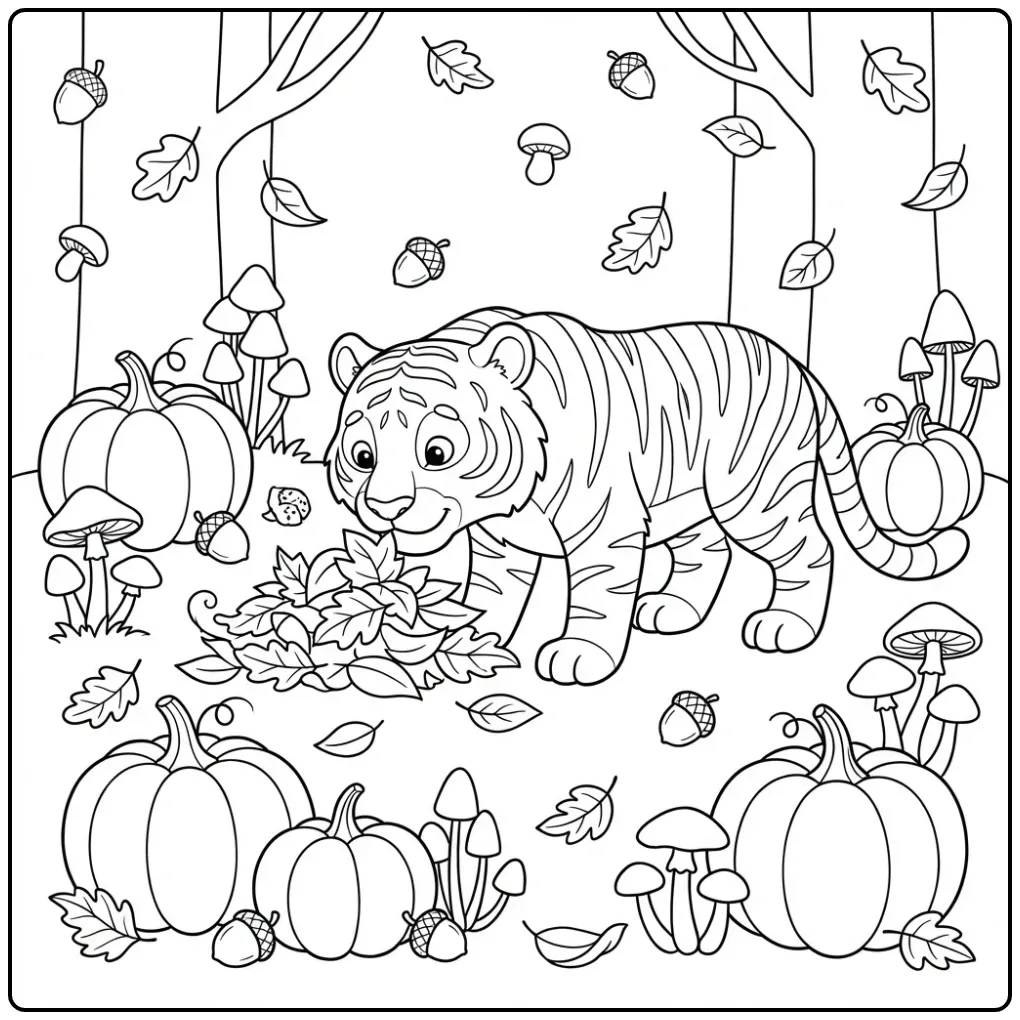 Autumn tiger coloring page with leaves and pumpkins
