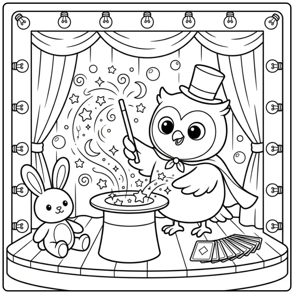Owl coloring page as a magician with a magic hat