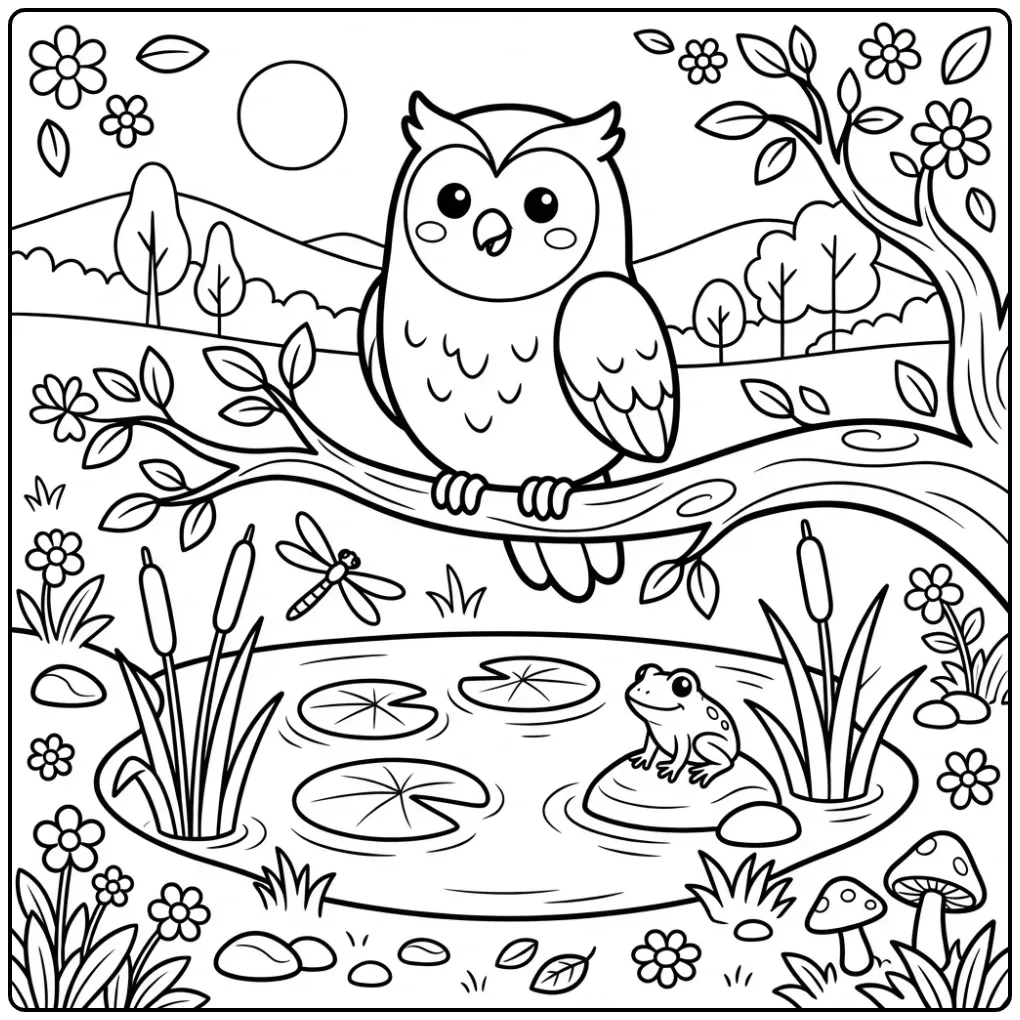 Owl on branch coloring page with a frog by a pond