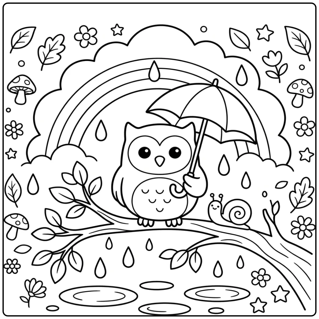 Owl on branch coloring page with umbrella and rain