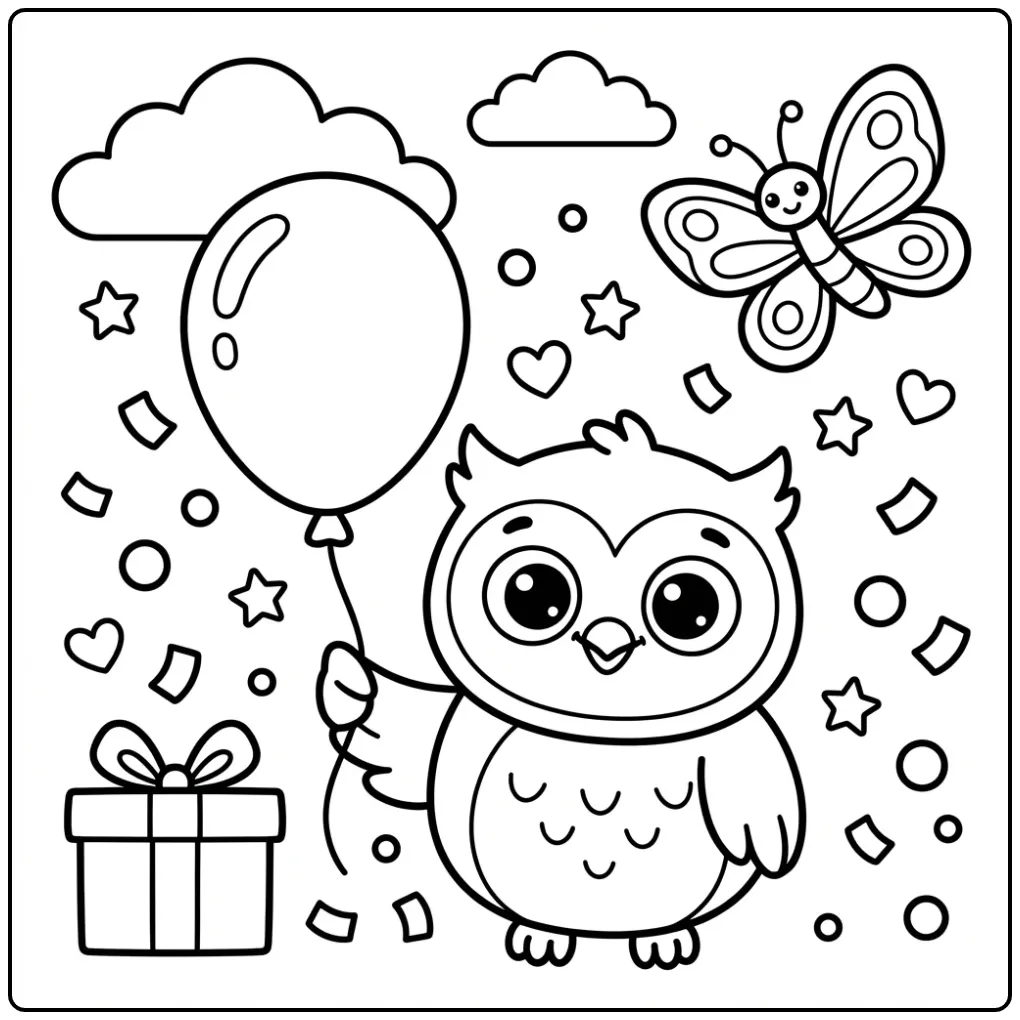 Toddler owl coloring page with a balloon and butterfly