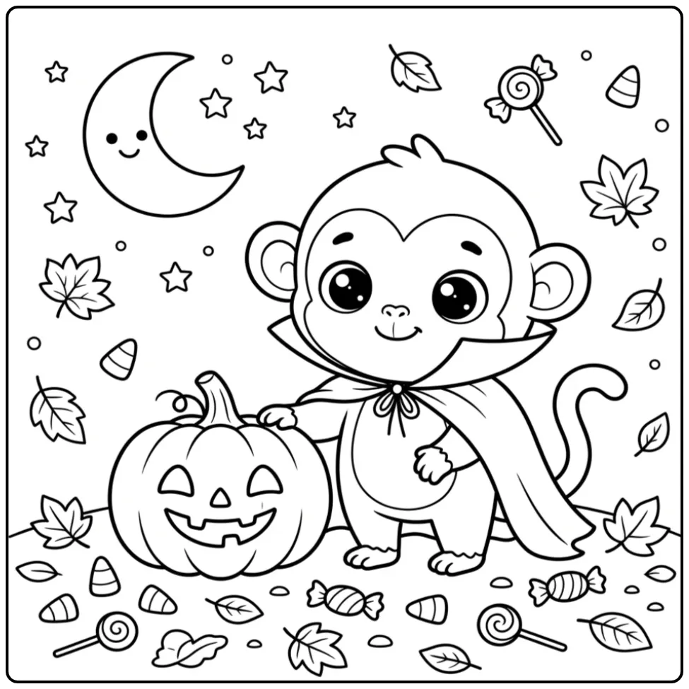 Halloween monkey coloring page with a vampire cape and pumpkin