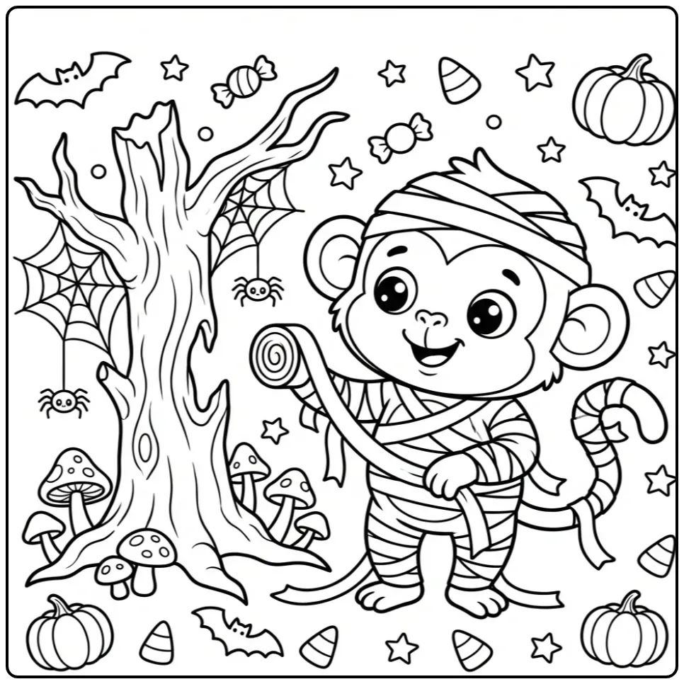 Halloween monkey coloring page in a mummy costume