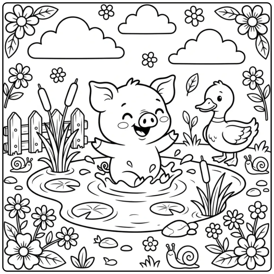 Pig coloring page in a mud puddle with a duck