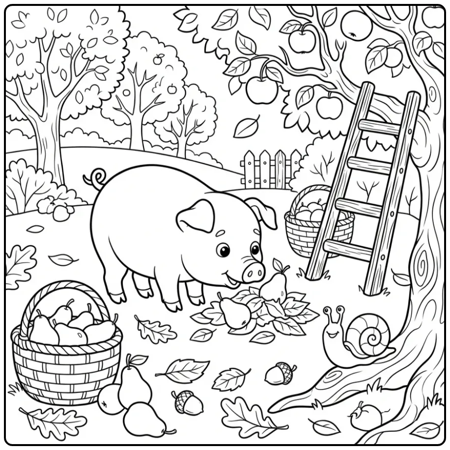 Pig coloring page in an orchard with pears