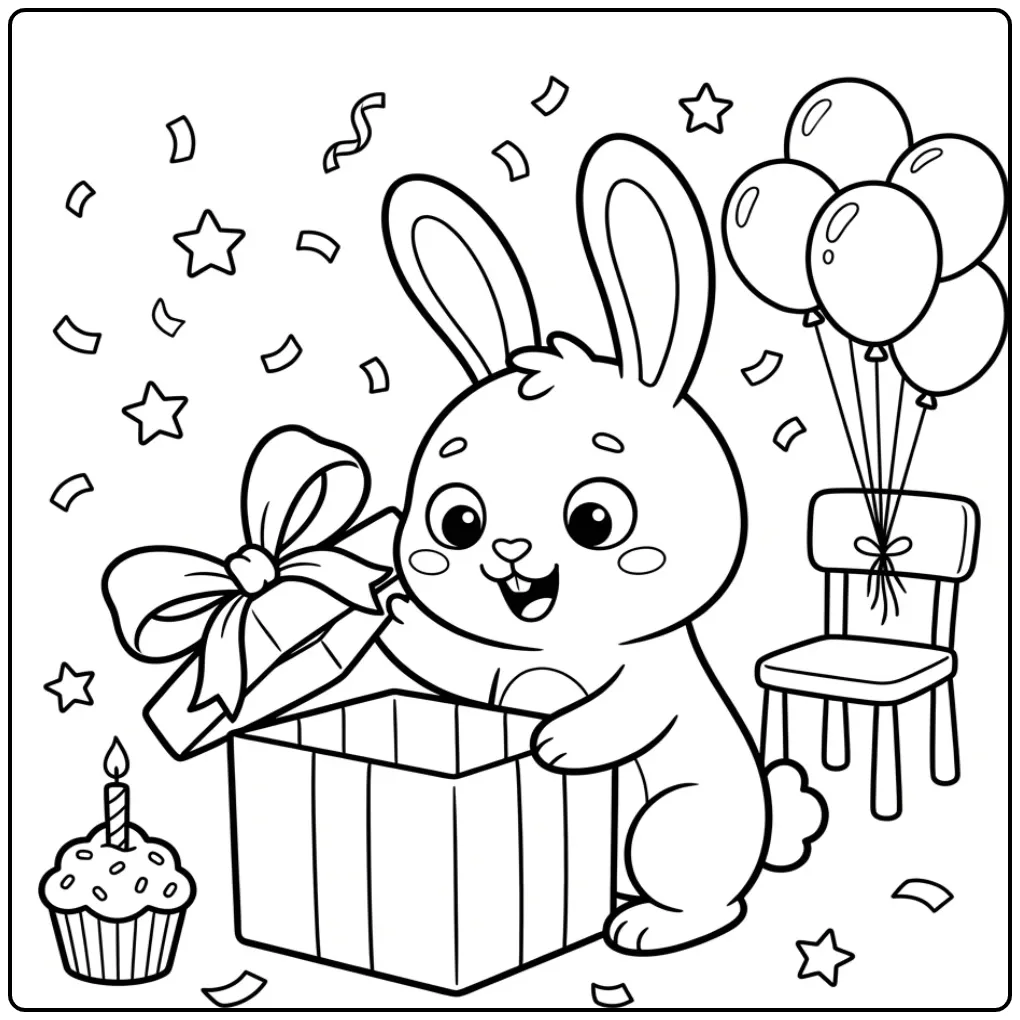 Birthday rabbit coloring page with a big gift