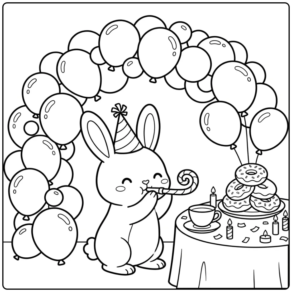 Birthday rabbit coloring page with donuts