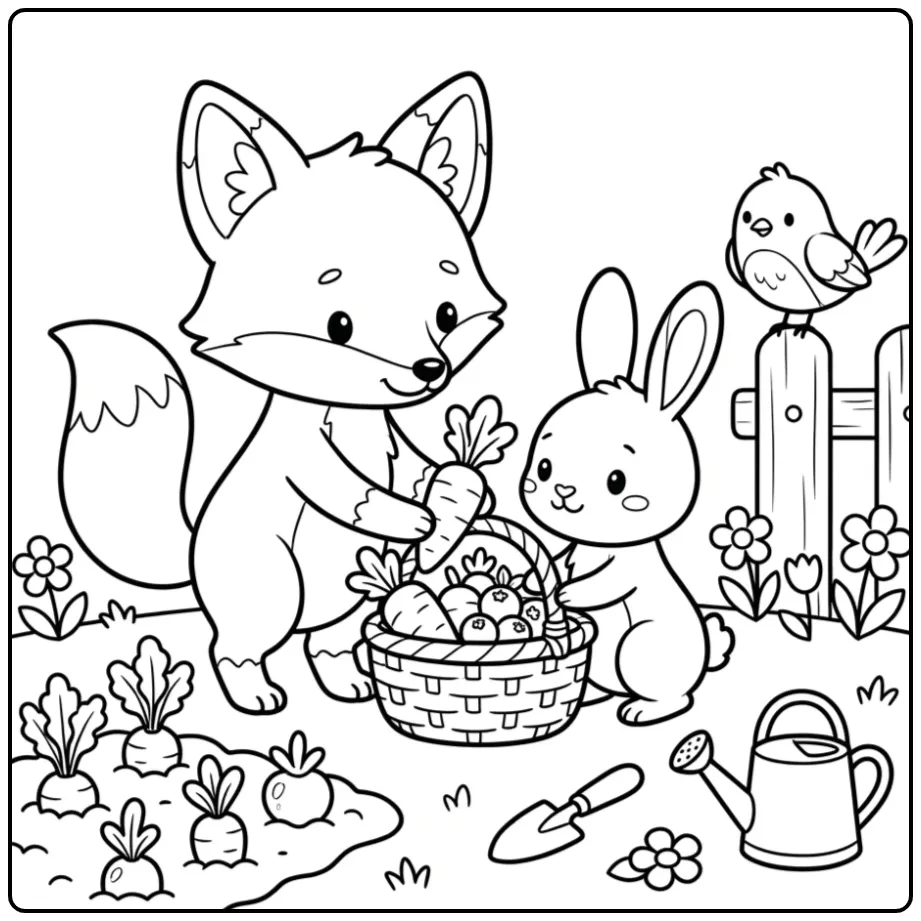Fox and rabbit coloring page gardening with carrots