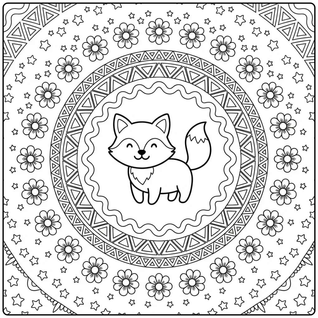 Mandala fox coloring page with flowers and stars
