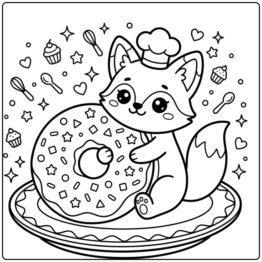 Cute fox coloring page with a chef hat and donut