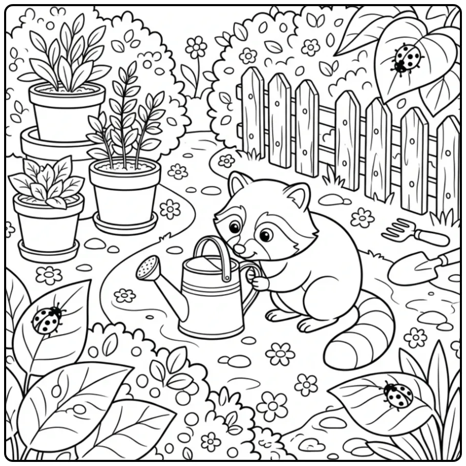 Cute raccoon coloring page by a watering can and fence