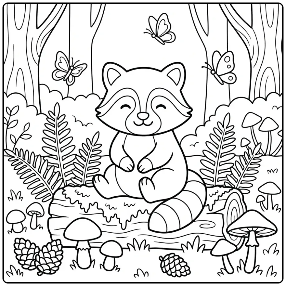 Raccoon coloring page sitting on a log in the forest