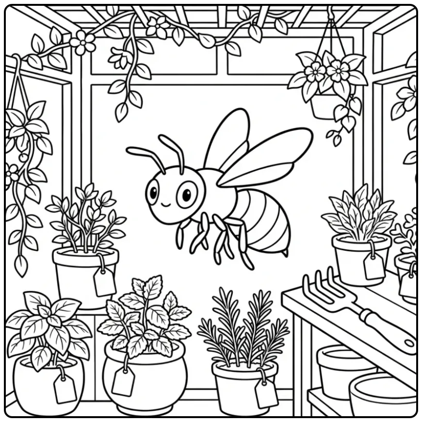 Cute wasp coloring page among plant pots