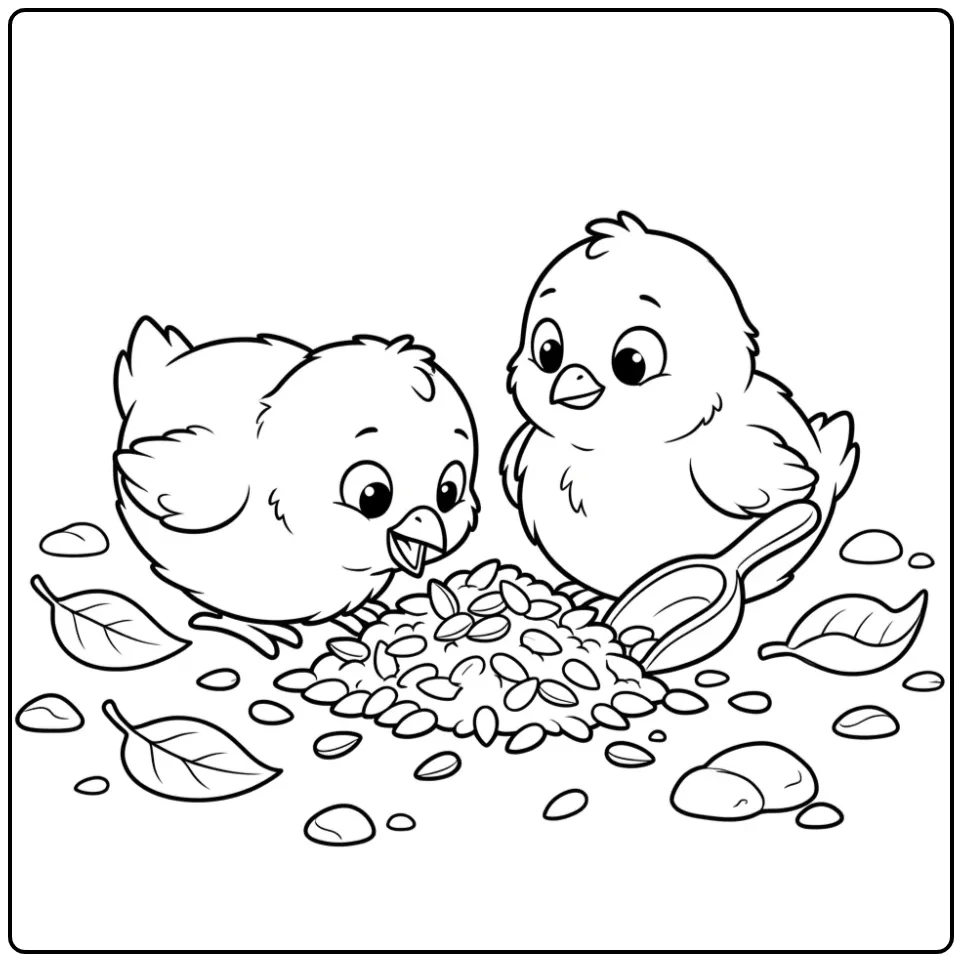 Chick coloring page with two chicks eating seeds