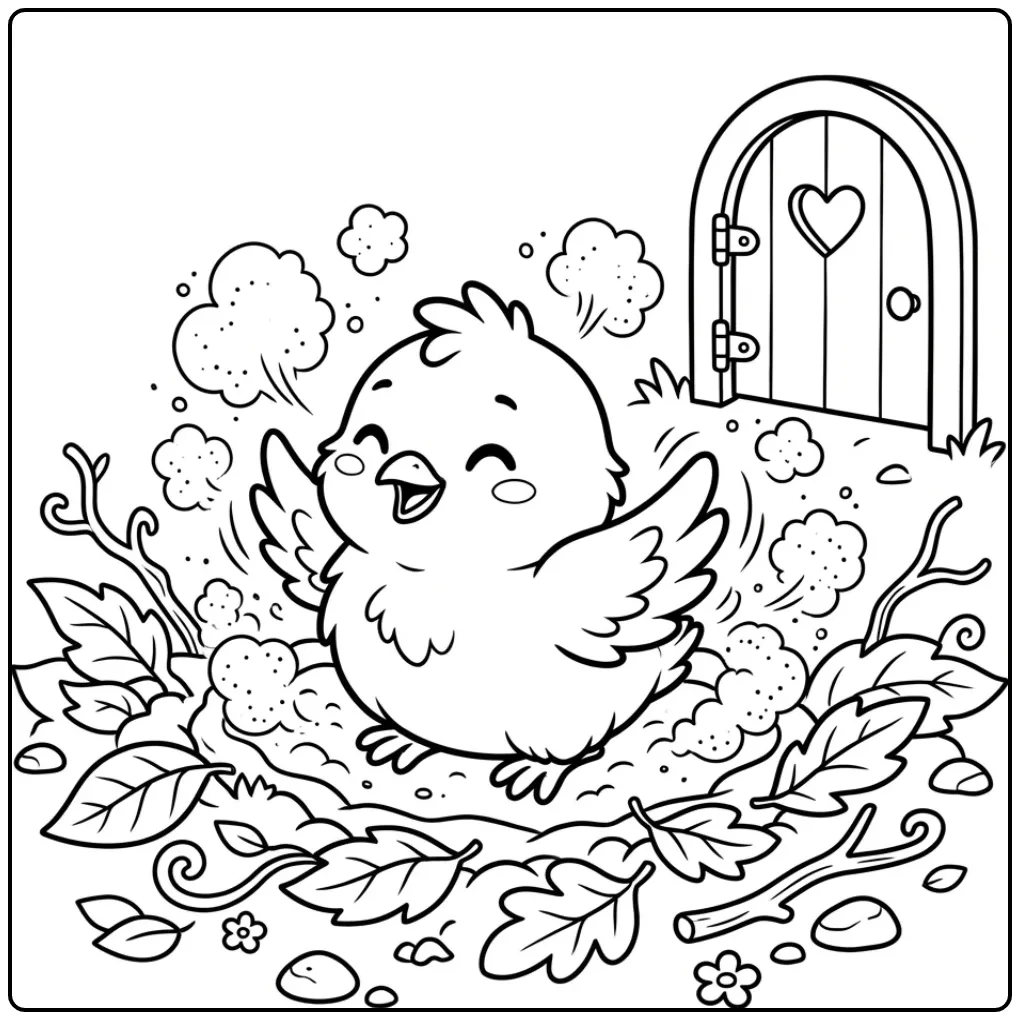 Chick coloring page taking a dust bath near the coop